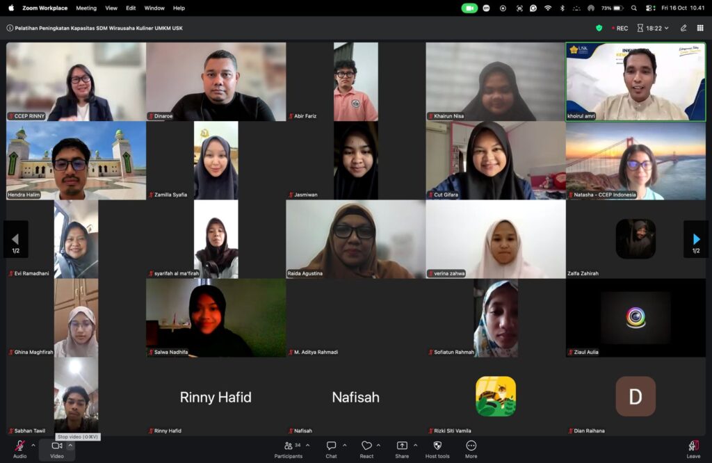 Pelatihan peningkatan kapasitas SDM wirausaha kuliner UMKM mahasiswa Universitas Syiah Kuala bersama CCEP Indonesia melalui program Bina Kuliner Nusantara 2026 secara daring.
